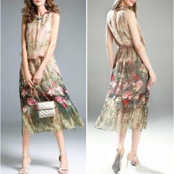 Queen Mulock 100% Silk Floral Boho Midi Flowy Dress - Size L - Picture 2 of 16